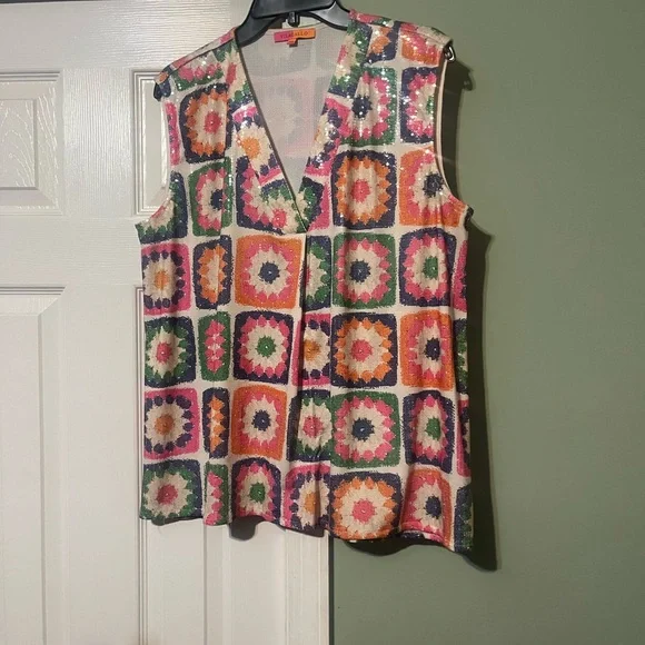 Vilagallo Sleeveless V-Neck Sequin Patchwork Print Top - Multicolor - Picture 3 of 8